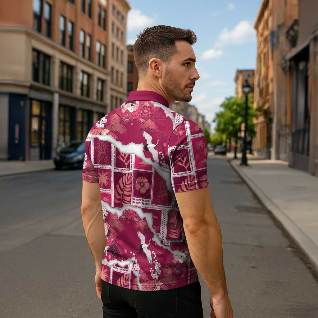 Hawaii Japanese Culture Pink Zipper Polo Shirt Spring Cranes Aloha Pattern LT01 - Polynesian Pride