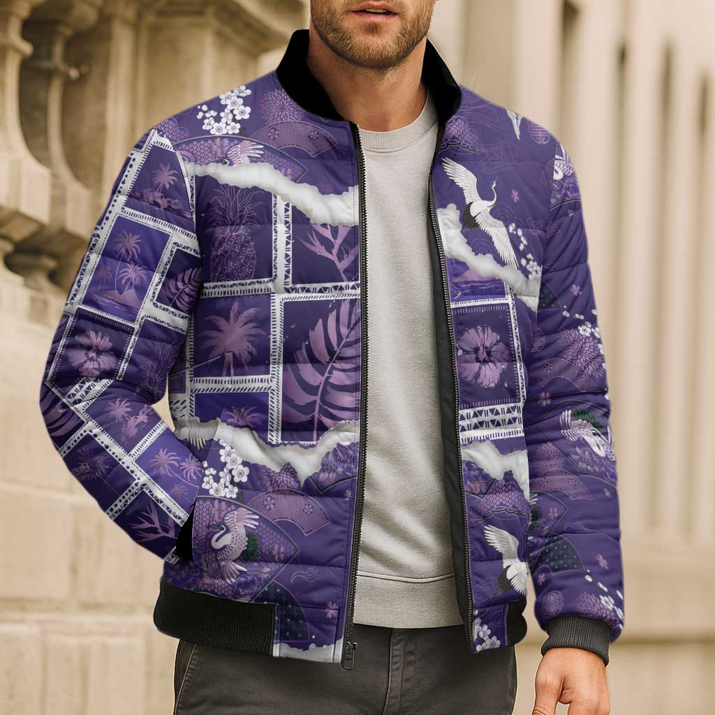 Hawaii Japanese Culture Purple Bomber Puffer Jacket Spring Cranes Aloha Pattern LT01 - Polynesian Pride