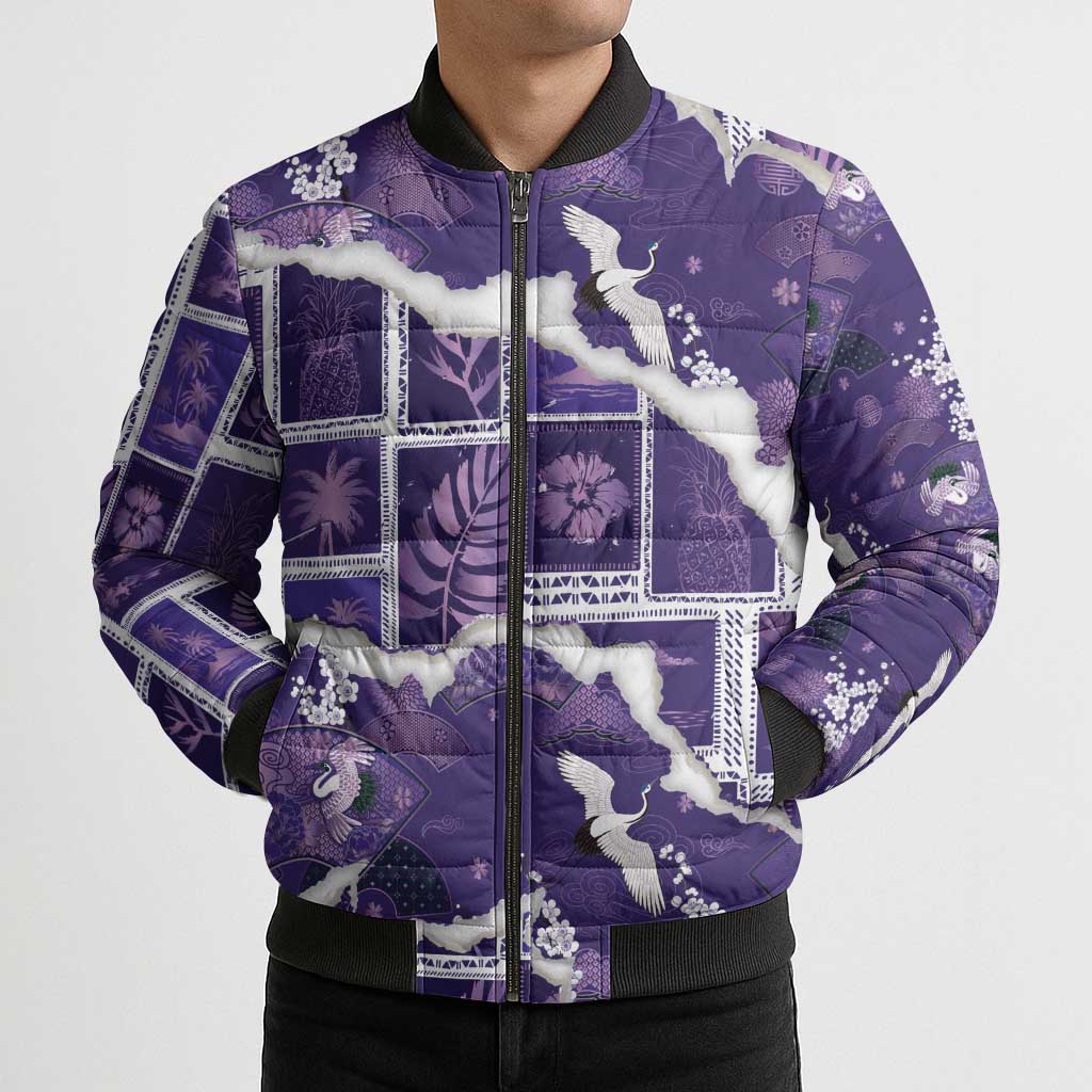 Hawaii Japanese Culture Purple Bomber Puffer Jacket Spring Cranes Aloha Pattern LT01 - Polynesian Pride