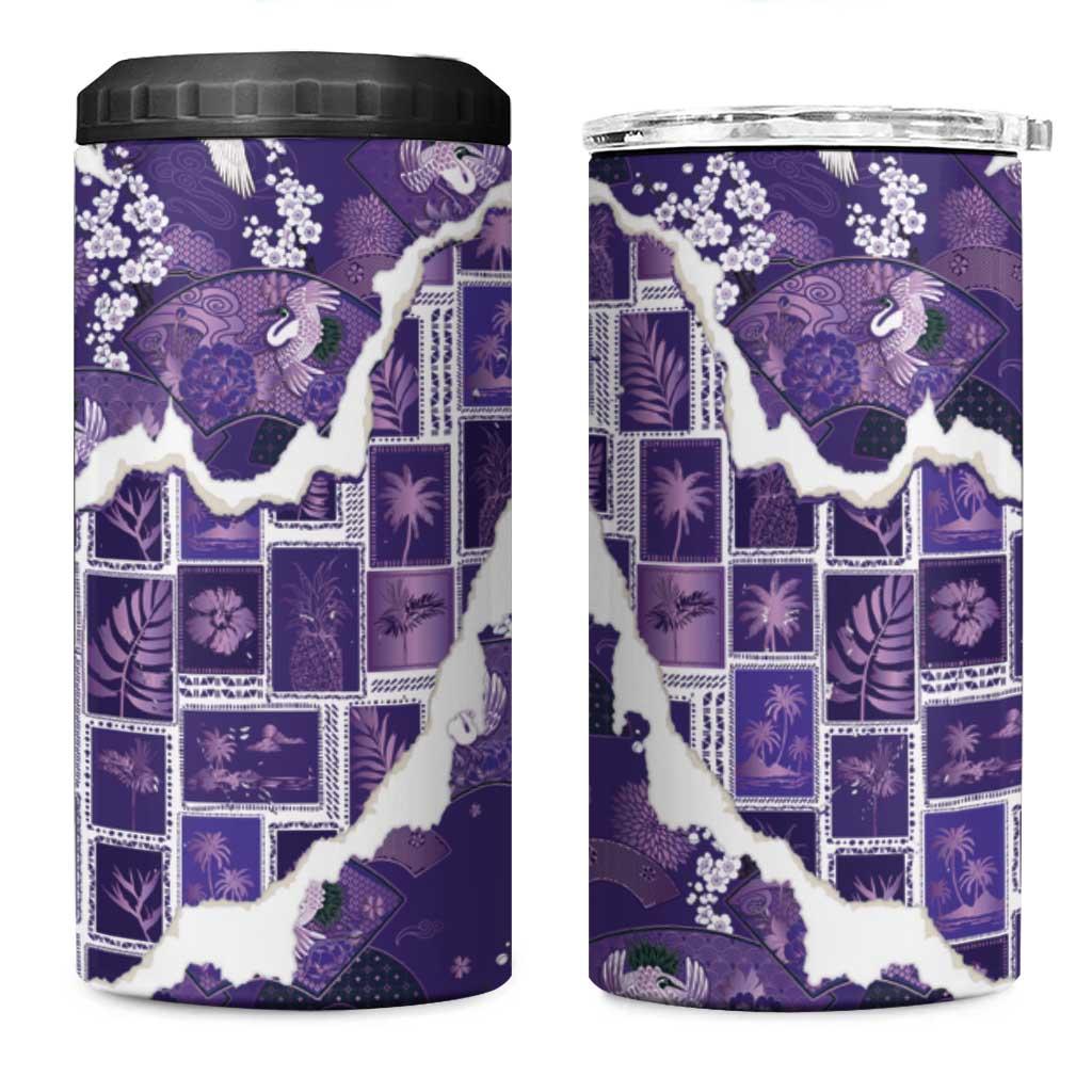 Hawaii Japanese Culture Purple 4 in 1 Can Cooler Tumbler Spring Cranes Aloha Pattern