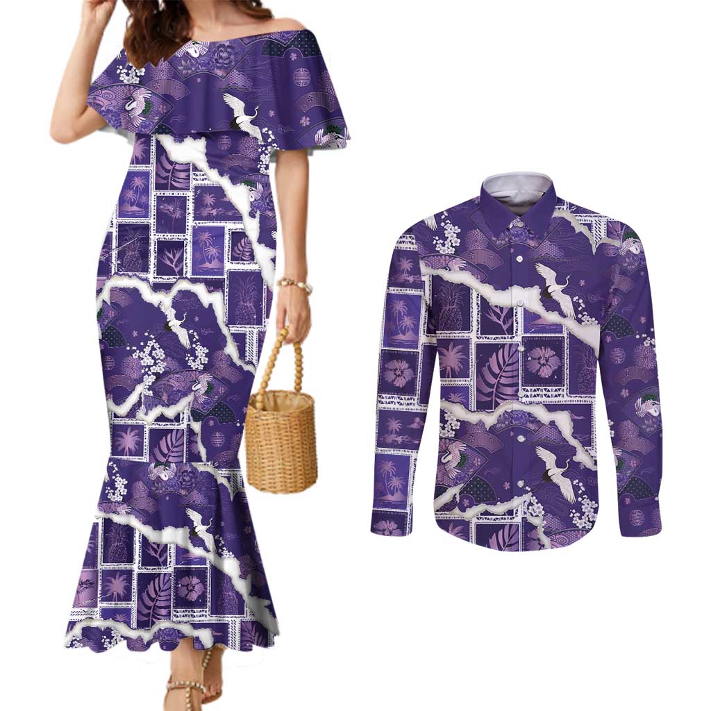 Hawaii Japanese Culture Purple Couples Matching Mermaid Dress and Long Sleeve Button Shirt Spring Cranes Aloha Pattern LT01 Purple - Polynesian Pride