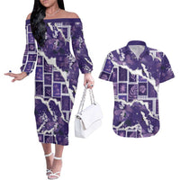 Hawaii Japanese Culture Purple Couples Matching Off The Shoulder Long Sleeve Dress and Hawaiian Shirt Spring Cranes Aloha Pattern