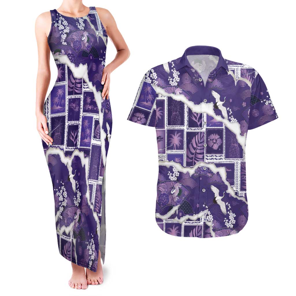 Hawaii Japanese Culture Purple Couples Matching Tank Maxi Dress and Hawaiian Shirt Spring Cranes Aloha Pattern LT01 Purple - Polynesian Pride
