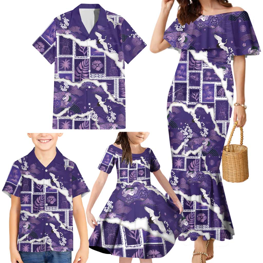 Hawaii Japanese Culture Purple Family Matching Mermaid Dress and Hawaiian Shirt Spring Cranes Aloha Pattern