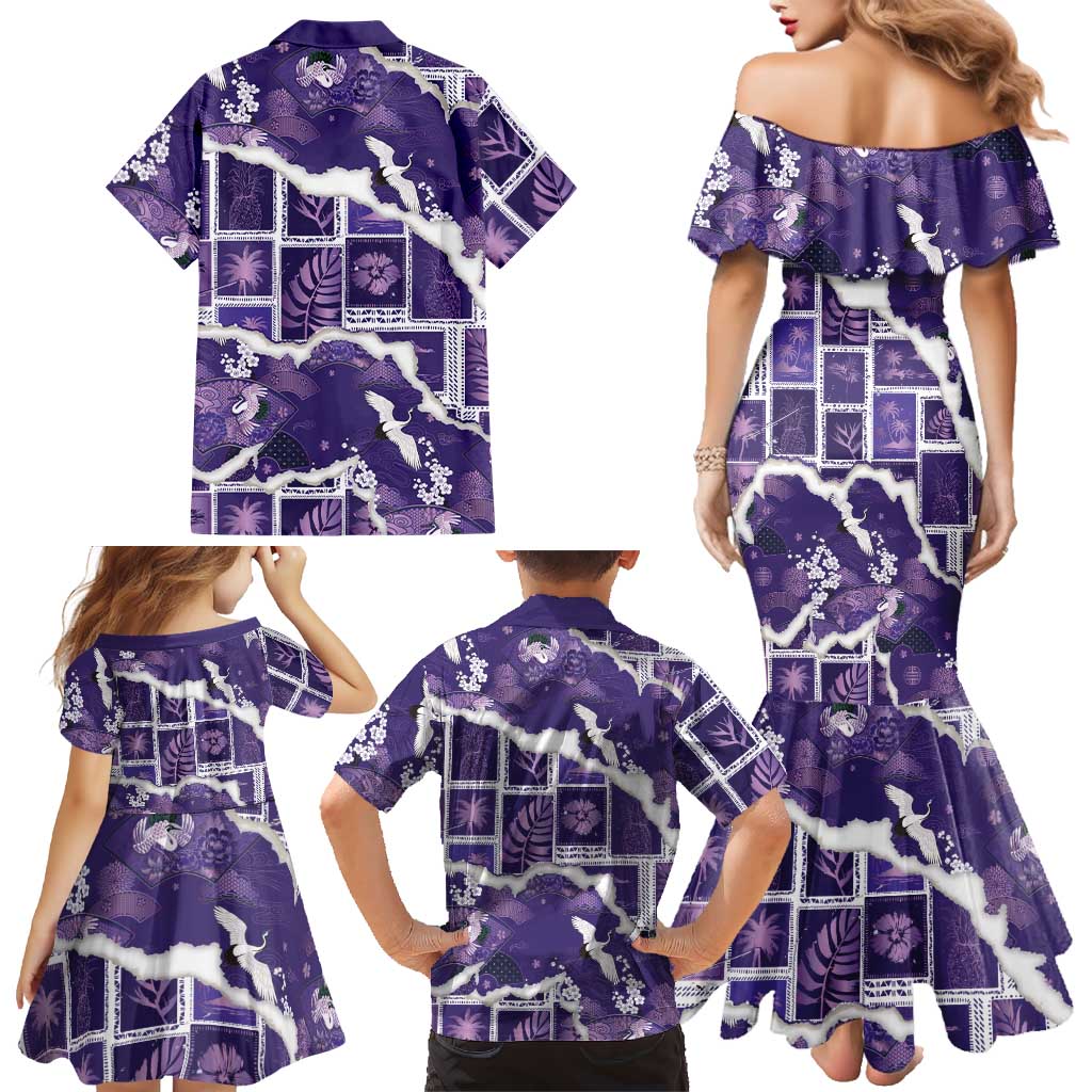 Hawaii Japanese Culture Purple Family Matching Mermaid Dress and Hawaiian Shirt Spring Cranes Aloha Pattern