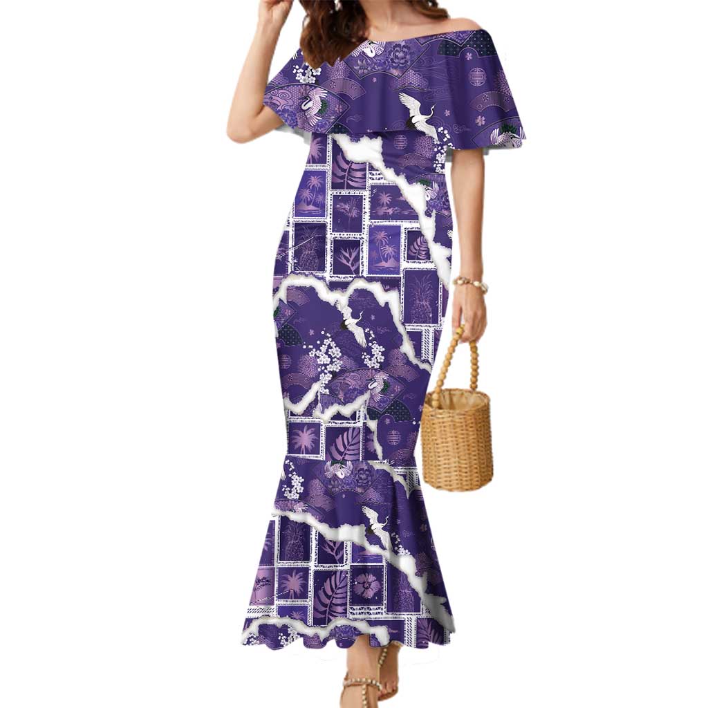Hawaii Japanese Culture Purple Family Matching Mermaid Dress and Hawaiian Shirt Spring Cranes Aloha Pattern
