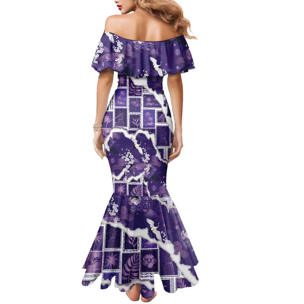 Hawaii Japanese Culture Purple Family Matching Mermaid Dress and Hawaiian Shirt Spring Cranes Aloha Pattern