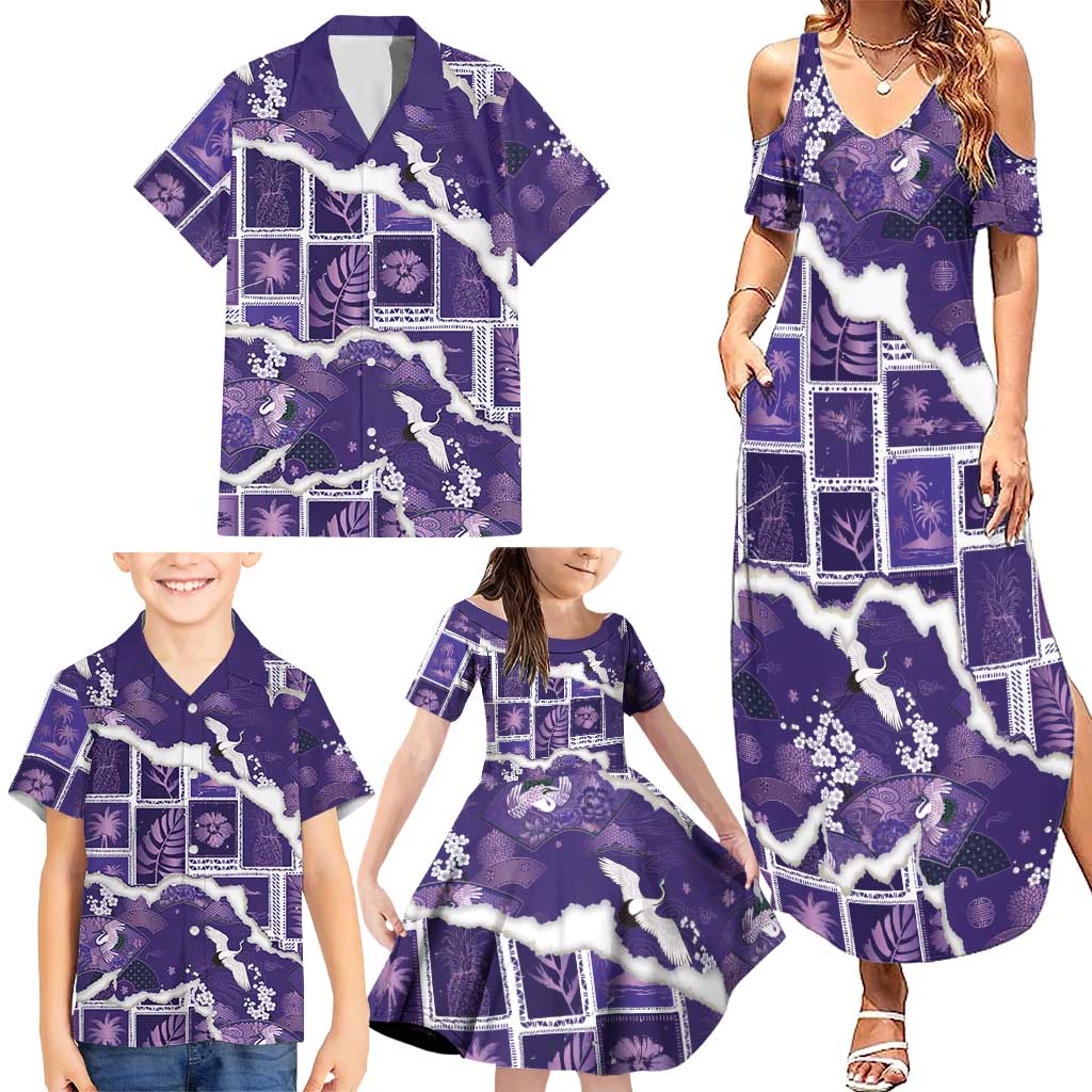 Hawaii Japanese Culture Purple Family Matching Summer Maxi Dress and Hawaiian Shirt Spring Cranes Aloha Pattern
