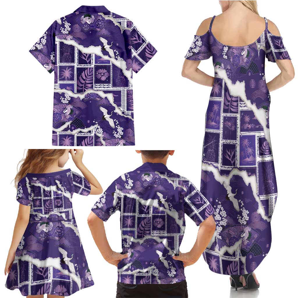 Hawaii Japanese Culture Purple Family Matching Summer Maxi Dress and Hawaiian Shirt Spring Cranes Aloha Pattern