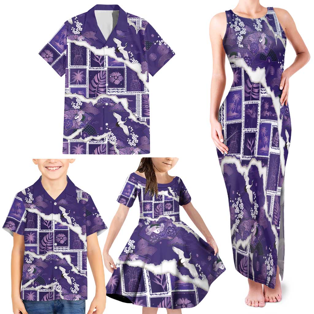 Hawaii Japanese Culture Purple Family Matching Tank Maxi Dress and Hawaiian Shirt Spring Cranes Aloha Pattern LT01 - Polynesian Pride