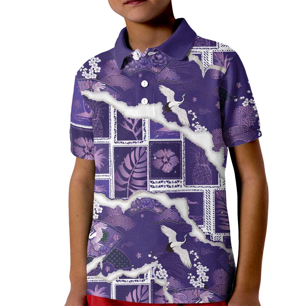 Hawaii Japanese Culture Purple Kid Polo Shirt Spring Cranes Aloha Pattern LT01 Kid Purple - Polynesian Pride