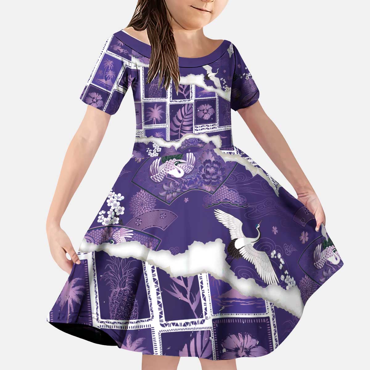 Hawaii Japanese Culture Purple Kid Short Sleeve Dress Spring Cranes Aloha Pattern