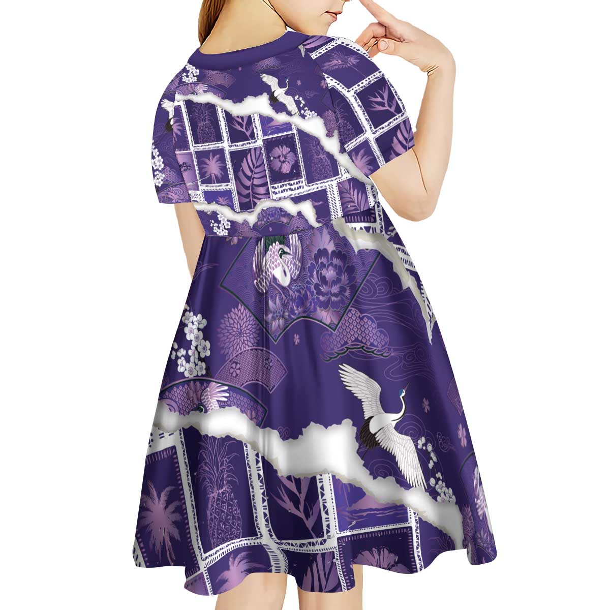 Hawaii Japanese Culture Purple Kid Short Sleeve Dress Spring Cranes Aloha Pattern