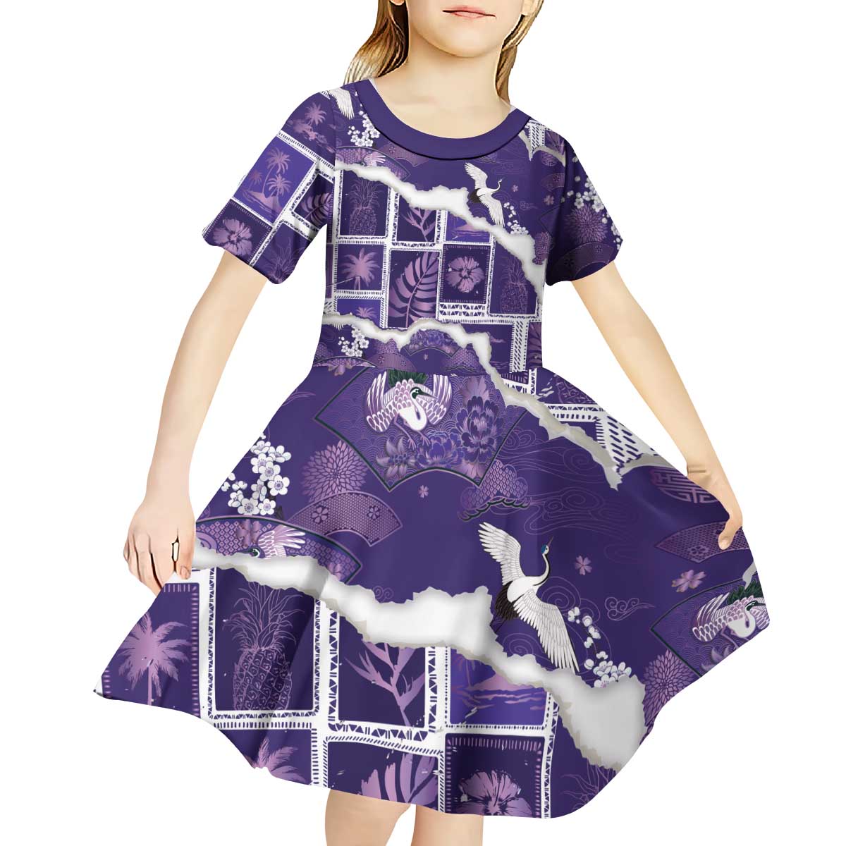 Hawaii Japanese Culture Purple Kid Short Sleeve Dress Spring Cranes Aloha Pattern