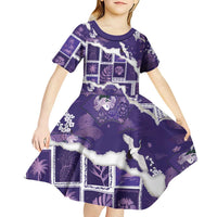 Hawaii Japanese Culture Purple Kid Short Sleeve Dress Spring Cranes Aloha Pattern
