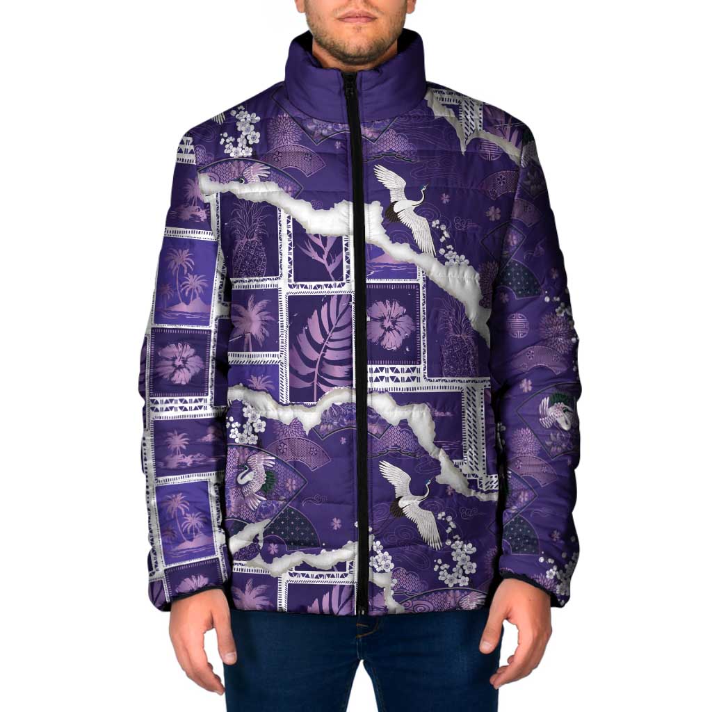 Hawaii Japanese Culture Purple Padded Jacket Spring Cranes Aloha Pattern