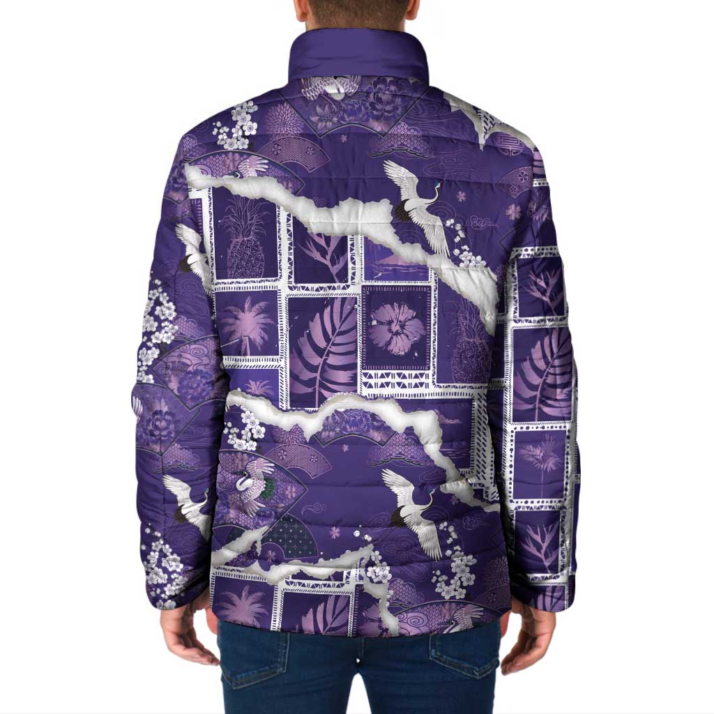 Hawaii Japanese Culture Purple Padded Jacket Spring Cranes Aloha Pattern