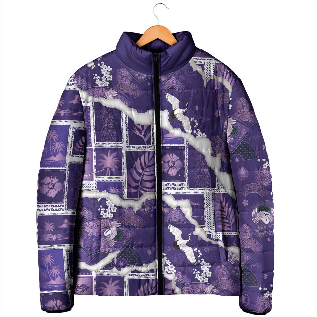 Hawaii Japanese Culture Purple Padded Jacket Spring Cranes Aloha Pattern