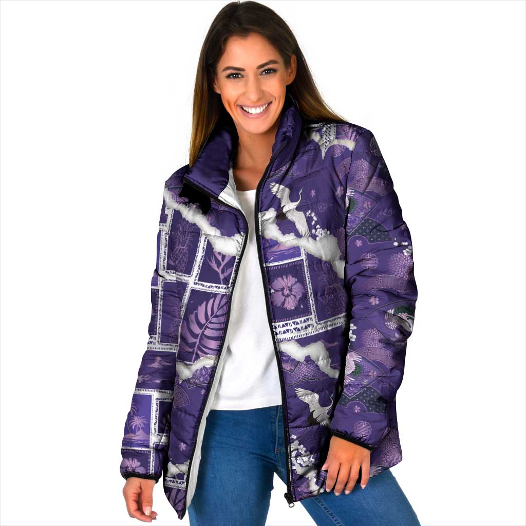 Hawaii Japanese Culture Purple Padded Jacket Spring Cranes Aloha Pattern