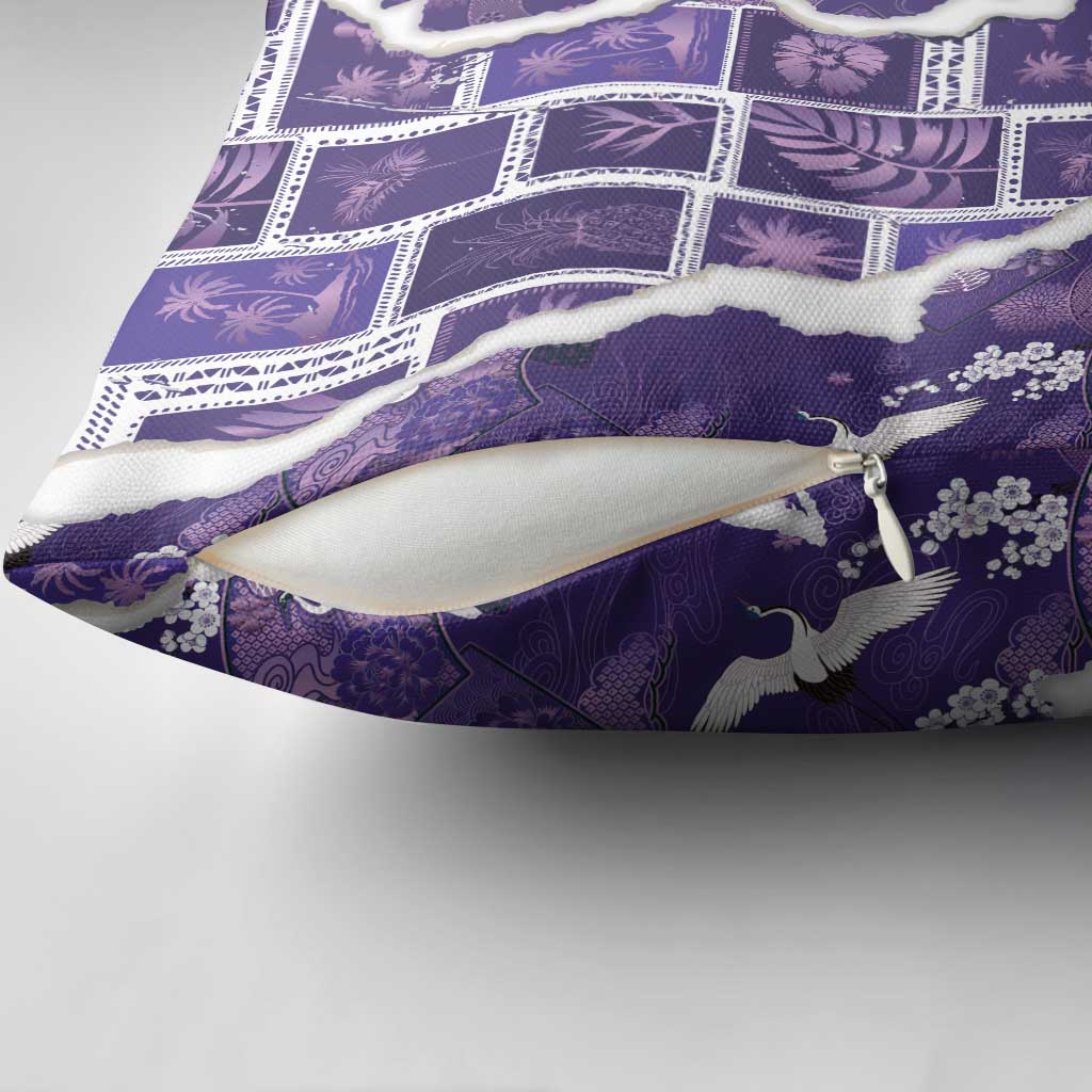 Hawaii Japanese Culture Purple Pillow Cover Spring Cranes Aloha Pattern