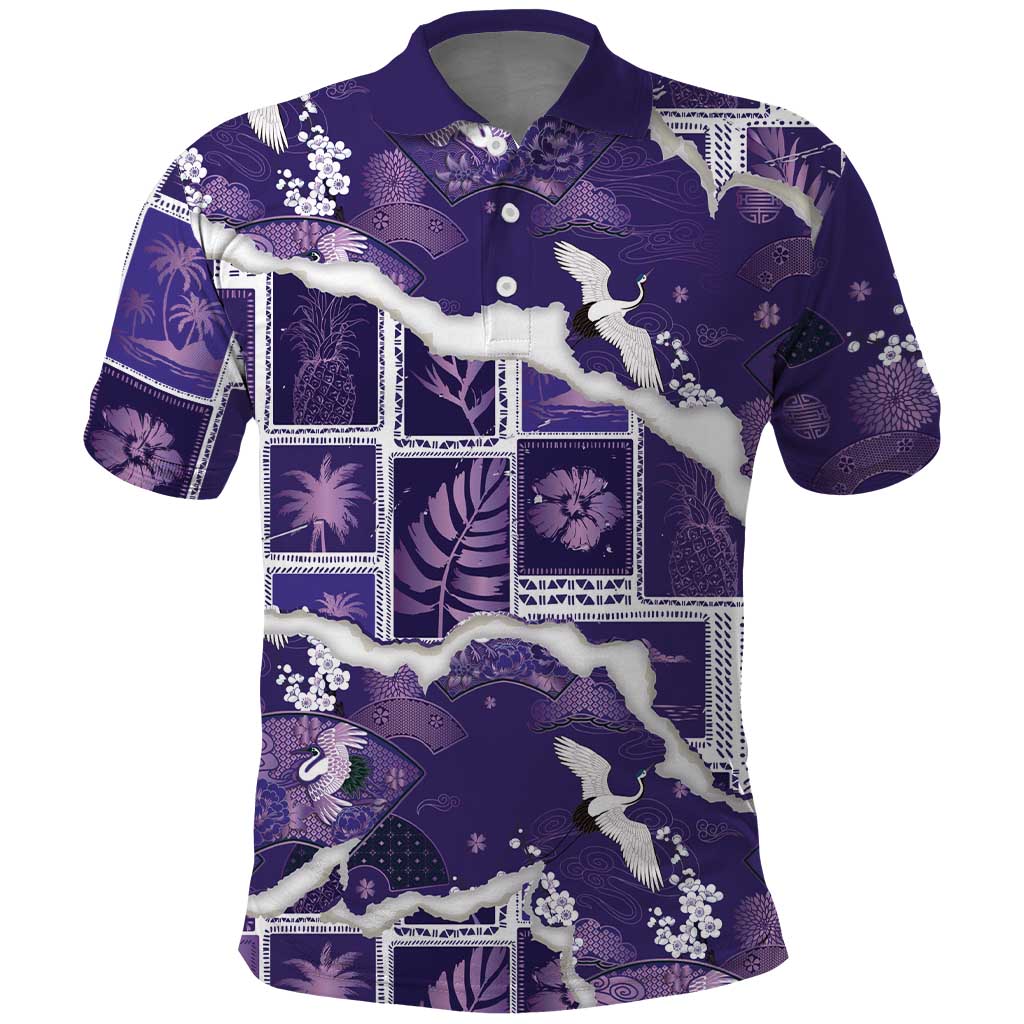Hawaii Japanese Culture Purple Polo Shirt Spring Cranes Aloha Pattern LT01 Purple - Polynesian Pride