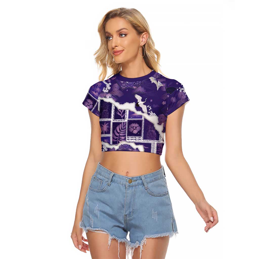 Hawaii Japanese Culture Purple Raglan Cropped T Shirt Spring Cranes Aloha Pattern
