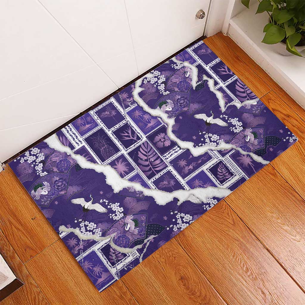 Hawaii Japanese Culture Purple Rubber Doormat Spring Cranes Aloha Pattern