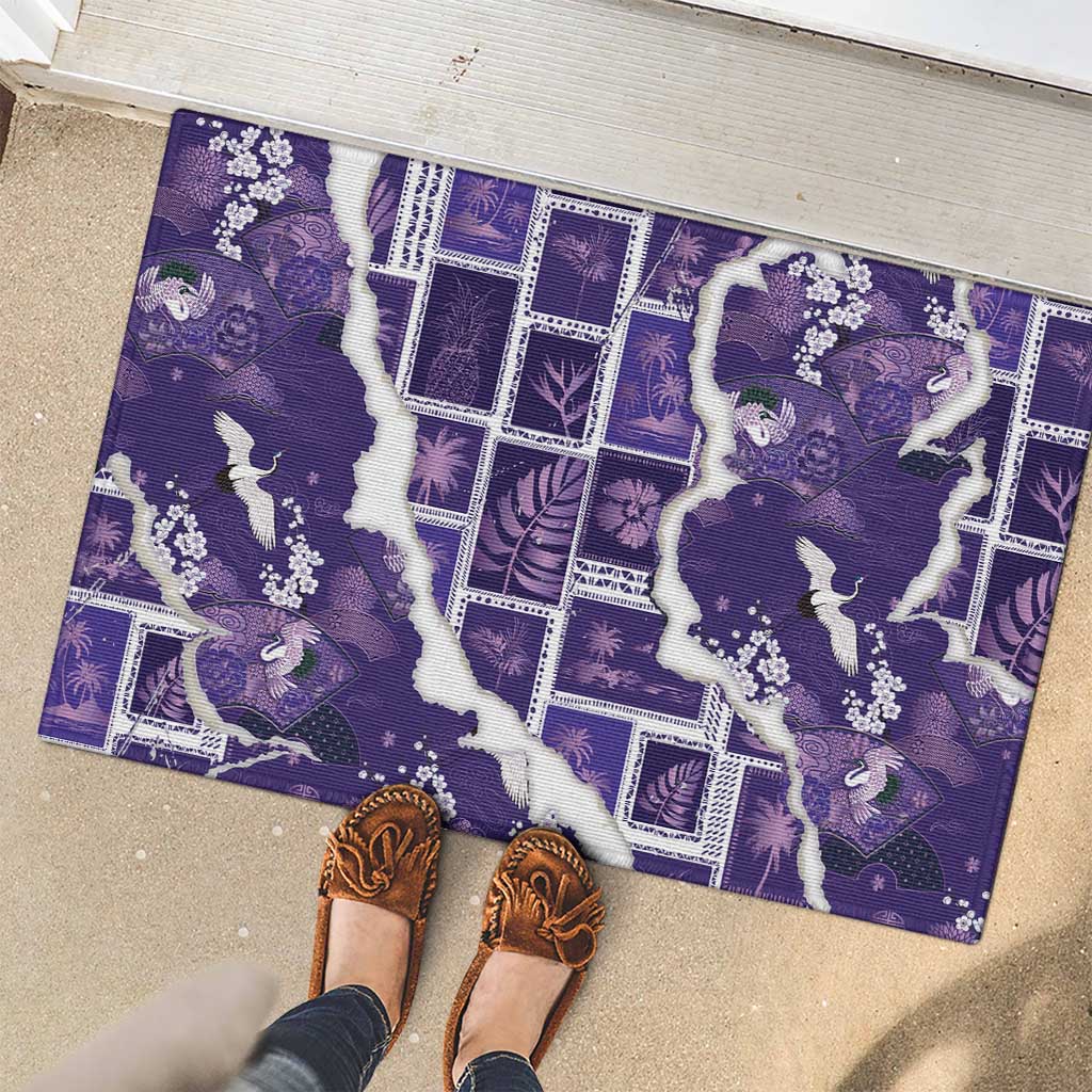Hawaii Japanese Culture Purple Rubber Doormat Spring Cranes Aloha Pattern