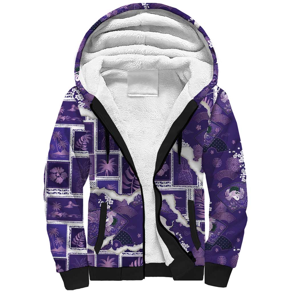 Hawaii Japanese Culture Purple Sherpa Hoodie Spring Cranes Aloha Pattern LT01 Unisex Purple - Polynesian Pride
