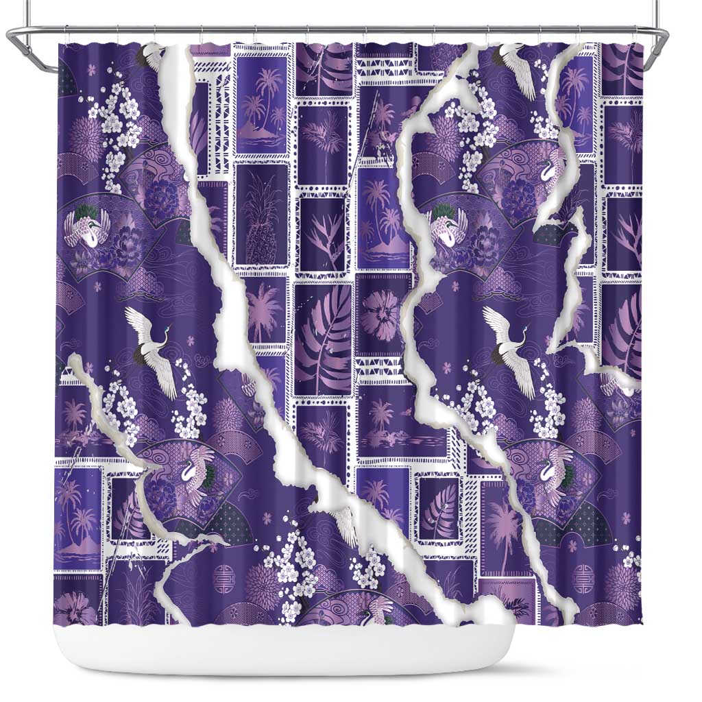 Hawaii Japanese Culture Purple Shower Curtain Spring Cranes Aloha Pattern