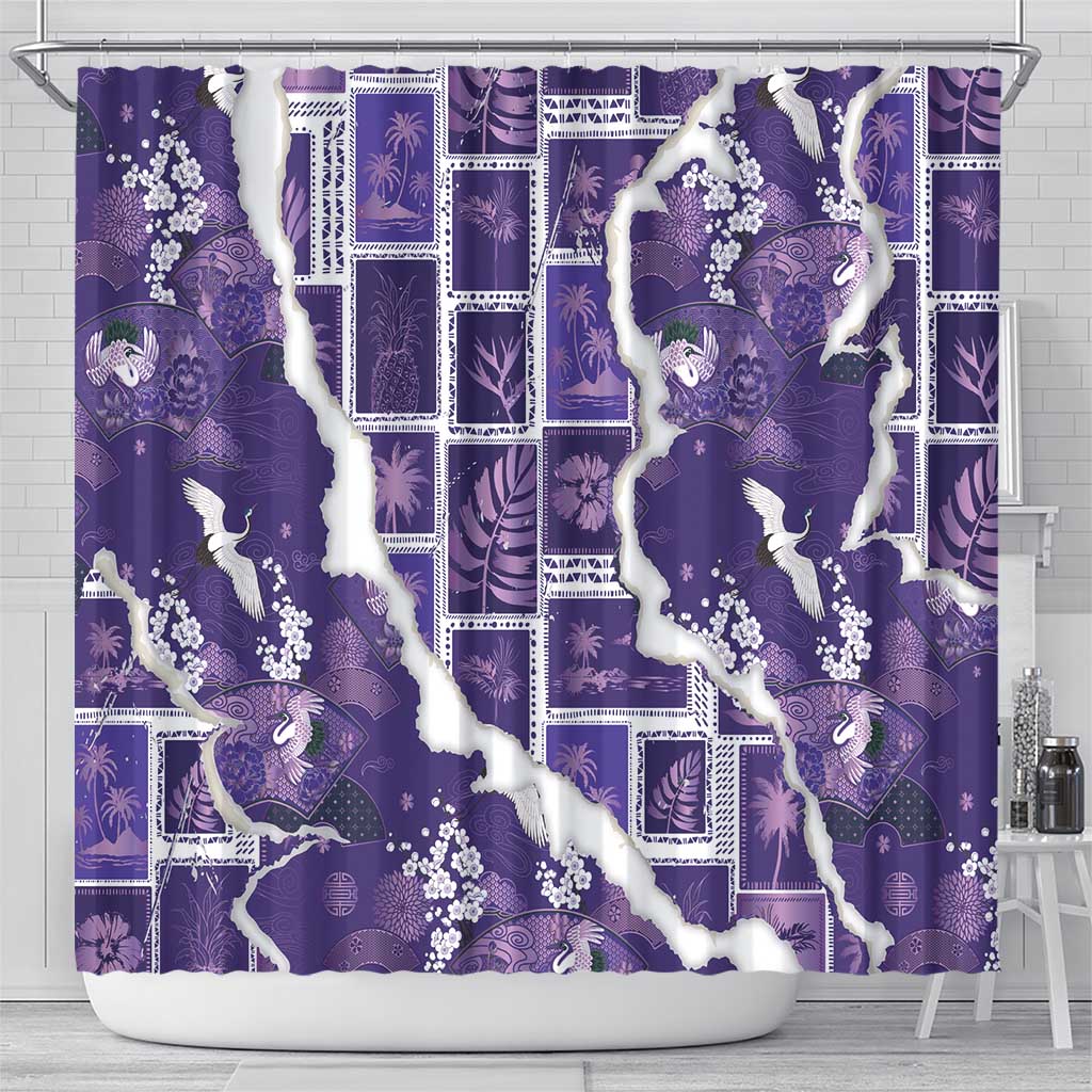 Hawaii Japanese Culture Purple Shower Curtain Spring Cranes Aloha Pattern