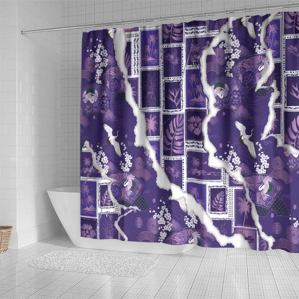 Hawaii Japanese Culture Purple Shower Curtain Spring Cranes Aloha Pattern