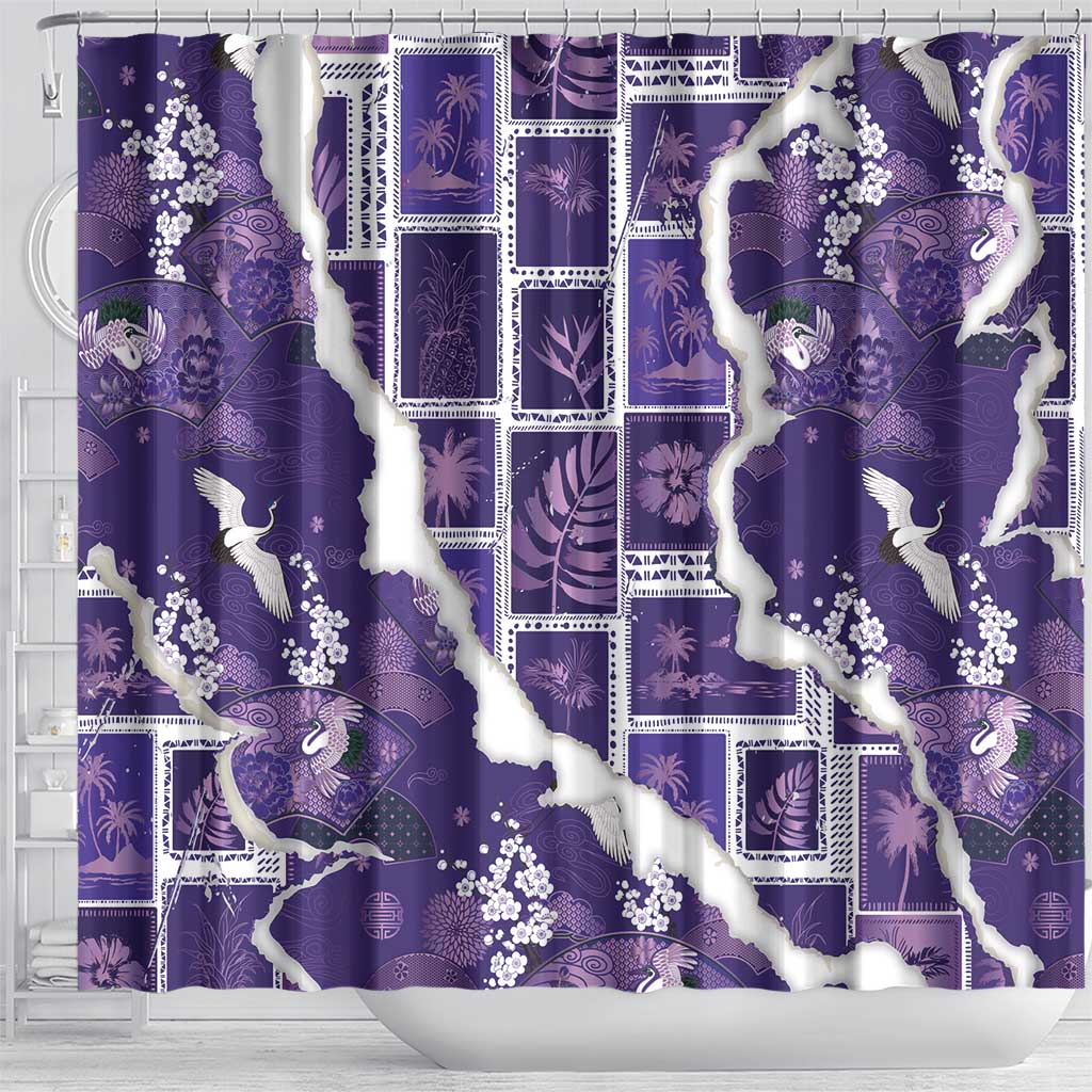 Hawaii Japanese Culture Purple Shower Curtain Spring Cranes Aloha Pattern