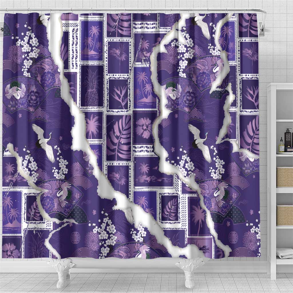 Hawaii Japanese Culture Purple Shower Curtain Spring Cranes Aloha Pattern