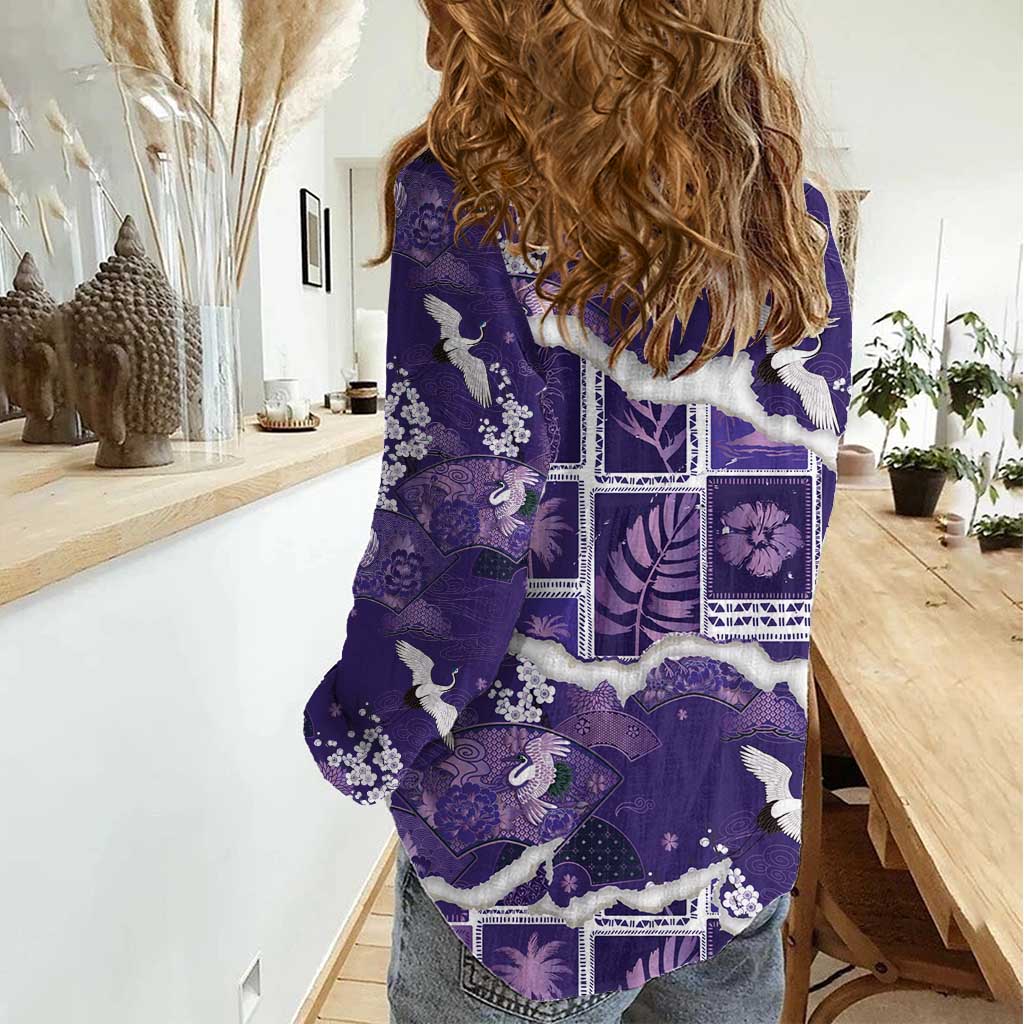 Hawaii Japanese Culture Purple Women Casual Shirt Spring Cranes Aloha Pattern