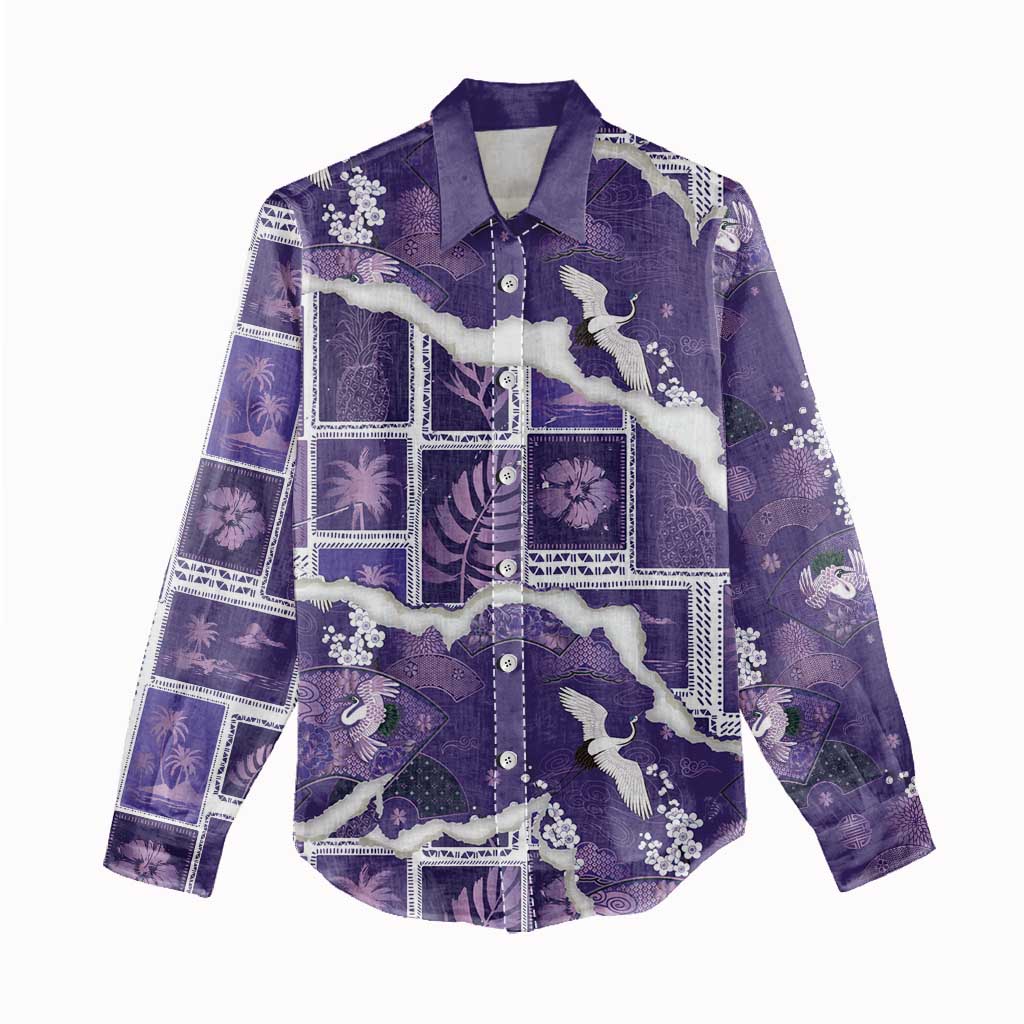 Hawaii Japanese Culture Purple Women Casual Shirt Spring Cranes Aloha Pattern