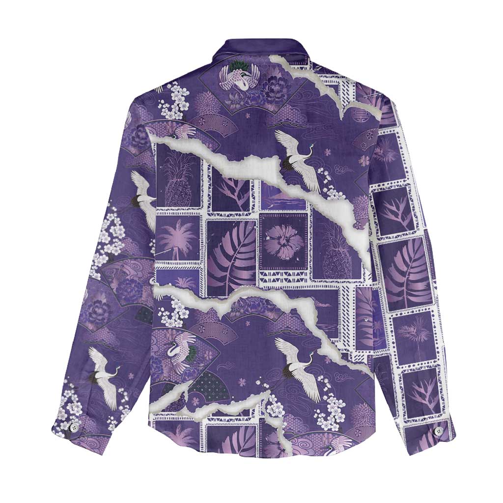 Hawaii Japanese Culture Purple Women Casual Shirt Spring Cranes Aloha Pattern