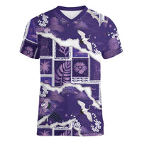Hawaii Japanese Culture Purple Women V-Neck T-Shirt Spring Cranes Aloha Pattern