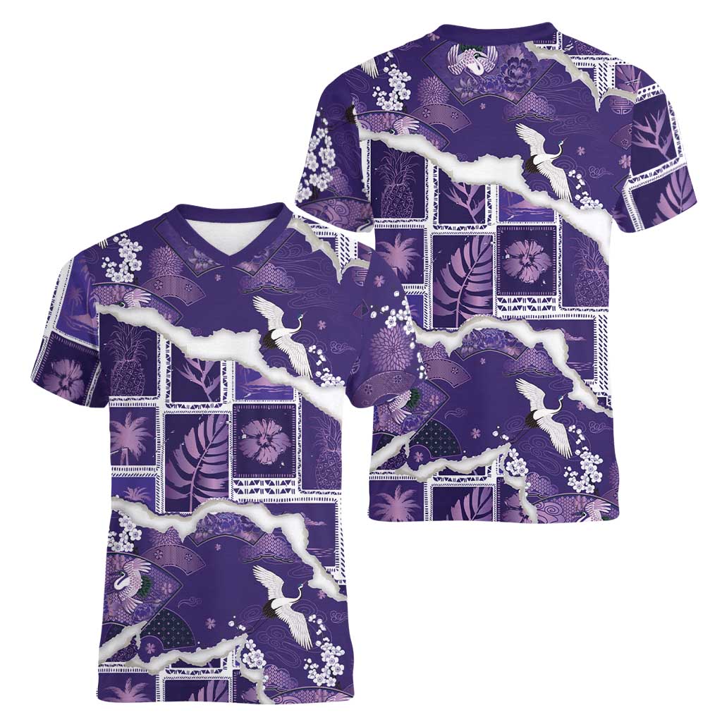 Hawaii Japanese Culture Purple Women V-Neck T-Shirt Spring Cranes Aloha Pattern