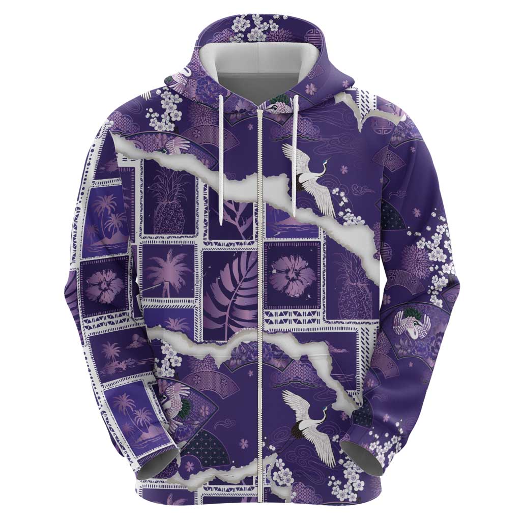 Hawaii Japanese Culture Purple Zip Hoodie Spring Cranes Aloha Pattern LT01 - Polynesian Pride
