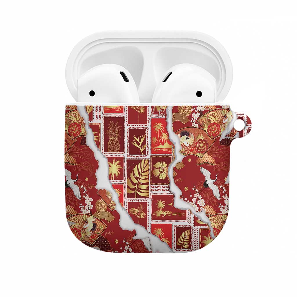 Hawaii Japanese Culture Red AirPods Case Spring Cranes Aloha Pattern