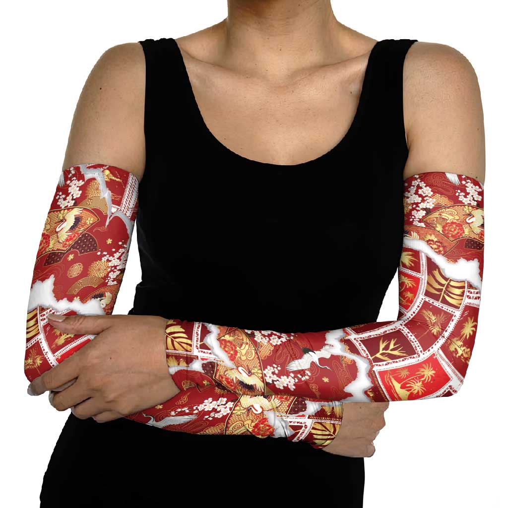 Hawaii Japanese Culture Red Arm Sleeves Spring Cranes Aloha Pattern