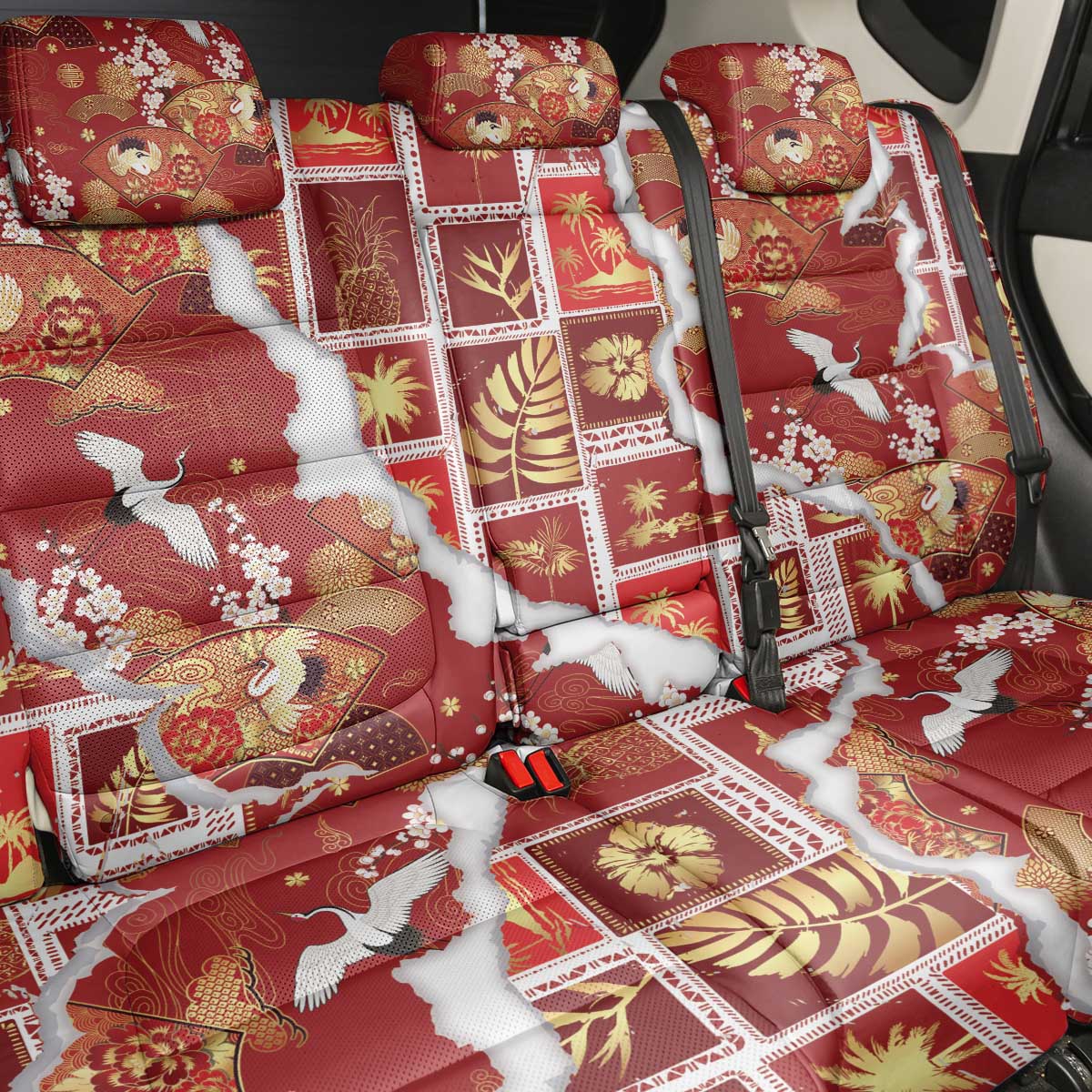 Hawaii Japanese Culture Red Back Car Seat Cover Spring Cranes Aloha Pattern