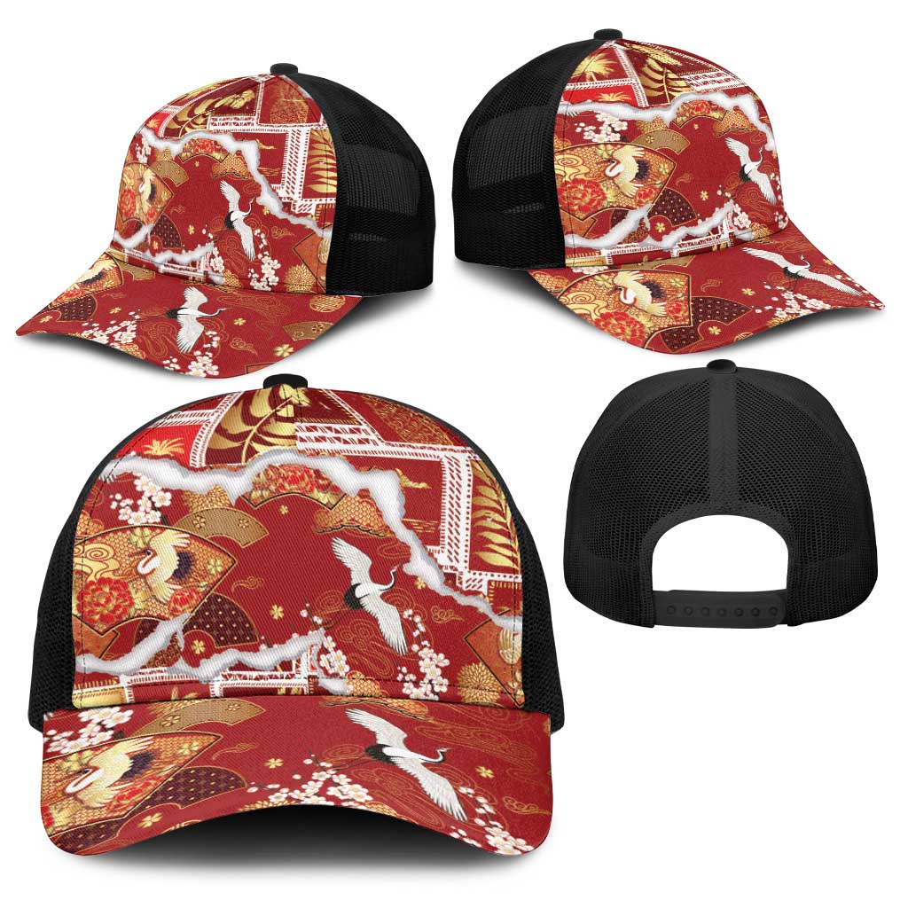 Hawaii Japanese Culture Red Baseball Net Cap Spring Cranes Aloha Pattern LT01 - Polynesian Pride