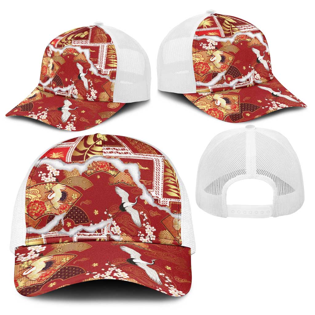 Hawaii Japanese Culture Red Baseball Net Cap Spring Cranes Aloha Pattern LT01 - Polynesian Pride