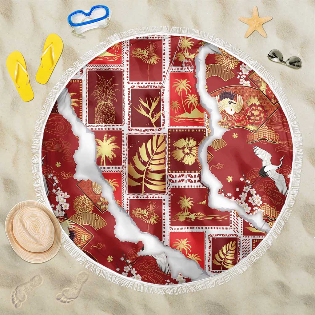 Hawaii Japanese Culture Red Beach Blanket Spring Cranes Aloha Pattern