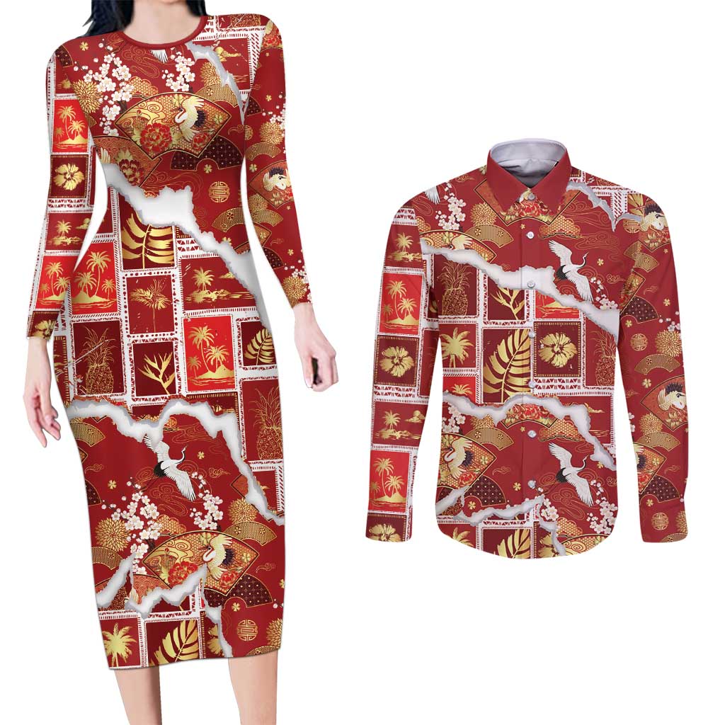 Hawaii Japanese Culture Red Couples Matching Long Sleeve Bodycon Dress and Long Sleeve Button Shirt Spring Cranes Aloha Pattern