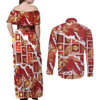 Hawaii Japanese Culture Red Couples Matching Off Shoulder Maxi Dress and Long Sleeve Button Shirt Spring Cranes Aloha Pattern LT01 - Polynesian Pride