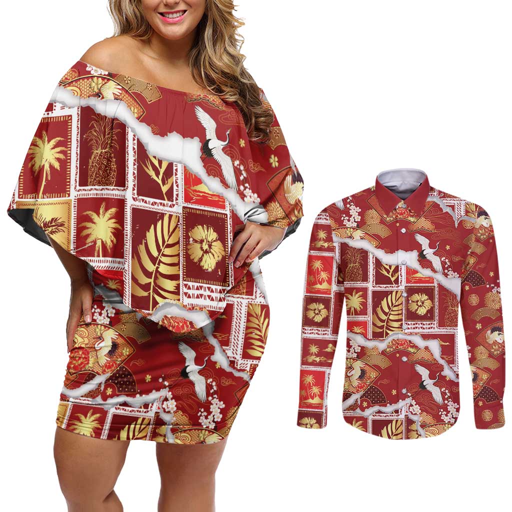 Hawaii Japanese Culture Red Couples Matching Off Shoulder Short Dress and Long Sleeve Button Shirt Spring Cranes Aloha Pattern LT01 Red - Polynesian Pride