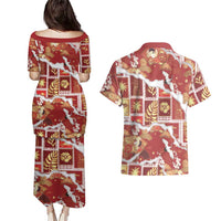 Hawaii Japanese Culture Red Couples Matching Puletasi and Hawaiian Shirt Spring Cranes Aloha Pattern LT01 - Polynesian Pride